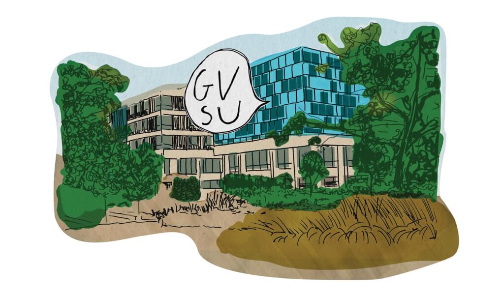 Sketch of Zumberge with a GVSU speech bubble coming out of the windows on the new half